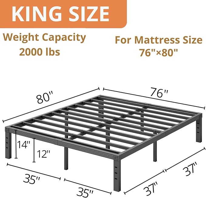 ZIYOO King Bed Frame, 3500lbs Heavy Duty Steel Slat, 14 Inches Platform Bed Frame, Non-Slip Design, No Box Spring Needed, Easy Assembly, Quiet Noise Free, Under Bed Storage Space, Black