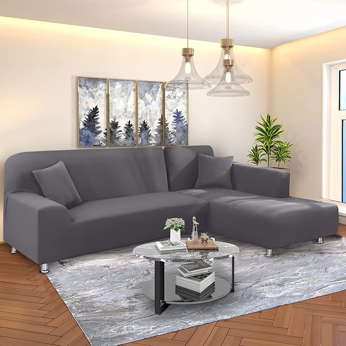 NAISI Sectional Couch Cover L Shape 2 Pieces Sofa Cover Soft Stretch Slipcovers with 2pcs Pillowcases Furniture Protector Couch Covers 3 Seater + 3 Seater(Light Grey)