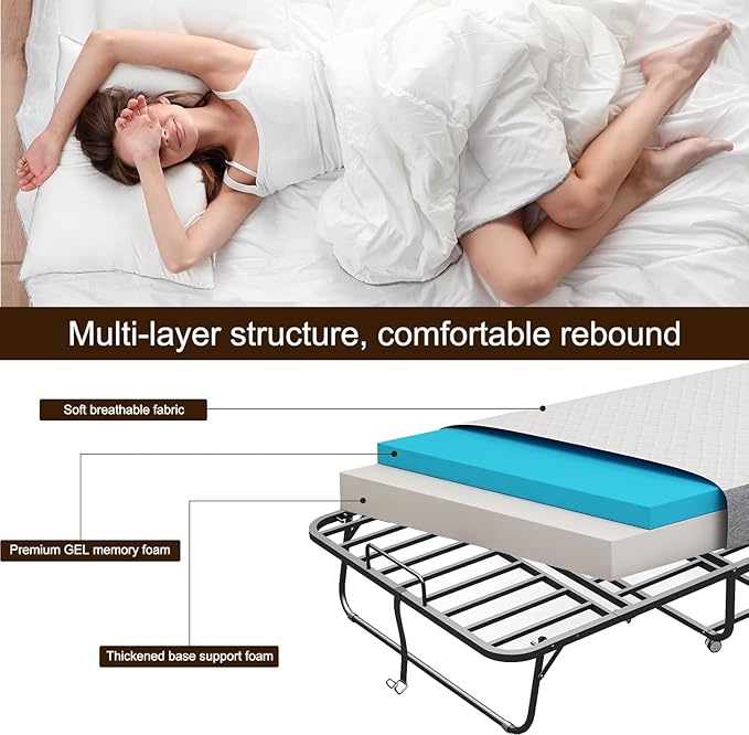 Espsilto Folding Bed with Mattress for Adult - Twin Size75''x38'' Portable Foldable Rollaway Bed for Guest with Thick Memory Foam Mattress