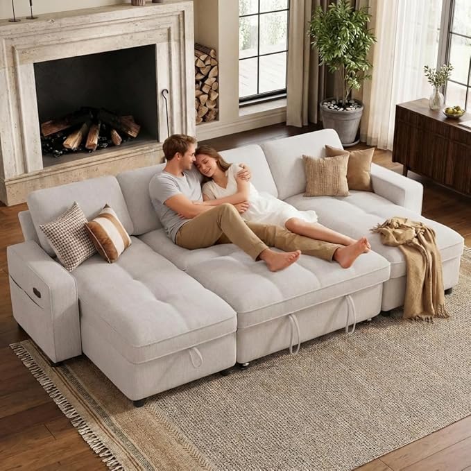 WEUP Modular Sectional Sleeper Sofa Bed, 105" U-Shaped Couch Bed with Adjustable Backrest, Pull Out Couch with Double Storage Chaise, USB Charging & Tool-Free Assembly, Chenille Beige | Reclining Backrest, Tool-Free Assembly, Breathable material