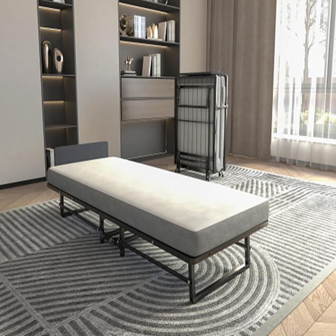 Single Bed,with Mattress and 4 Casters, Convenient and Space-Saving, Metal Foldable Bed Frame, Easy to Assemble, No Box Spring Required,Black