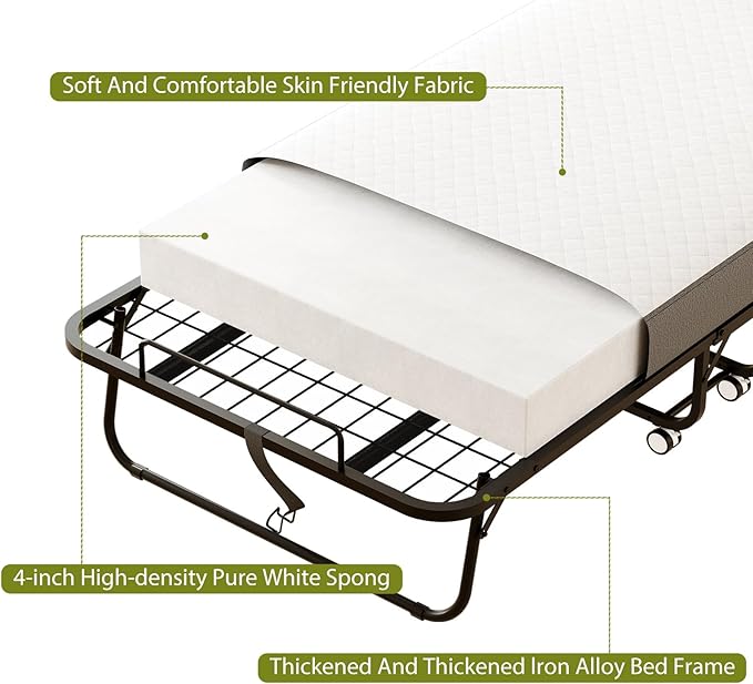 Folding Bed with Mattress for Adults, 75" x 45" XL Twin Rollaway Bed with Memory Foam Mattress, Portable Foldable Guest Bed with Metal Frame, Deluxe Extra Bed with Side Storage Pocket