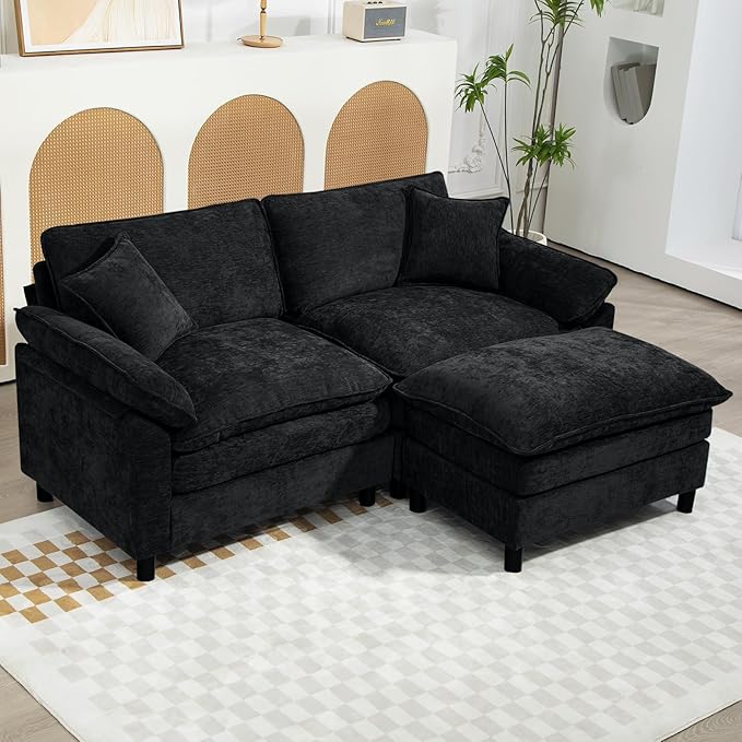Oversized Modular Sectional Sofa, 80 Inch L Shaped Cloud Couch Set, 2-Seat Comfy Convertible Sofa with 1 Movable Ottoman, DIY Combination Sleeper Couch for Living Room(Chenille, Black)