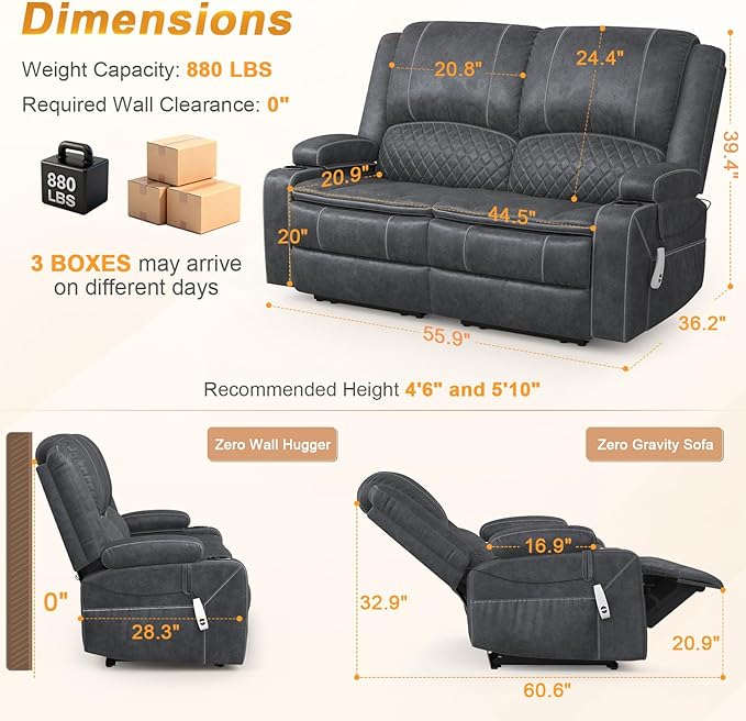 Upgraded Power Loveseat Reclining Couch, Reclining Loveseat Sofa RV Couch with Removable Armrest and Remote Control, Velvet Wall Hugger Home Theater Seating with 2-Tier Cushions, Storage (Velvet,Grey)