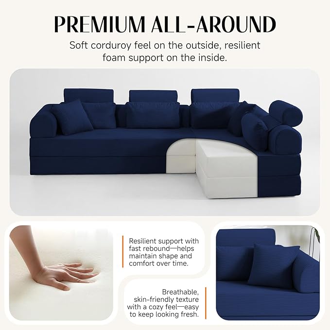 106" L-Shaped Modular Boneless Couch, 2-Piece System (2×70.87"), Convertible Sectional to 141.7" Straight Sofa, Corduroy Couch in a Box, Headrest & Back Pillows for Living Room, Navy Blue
