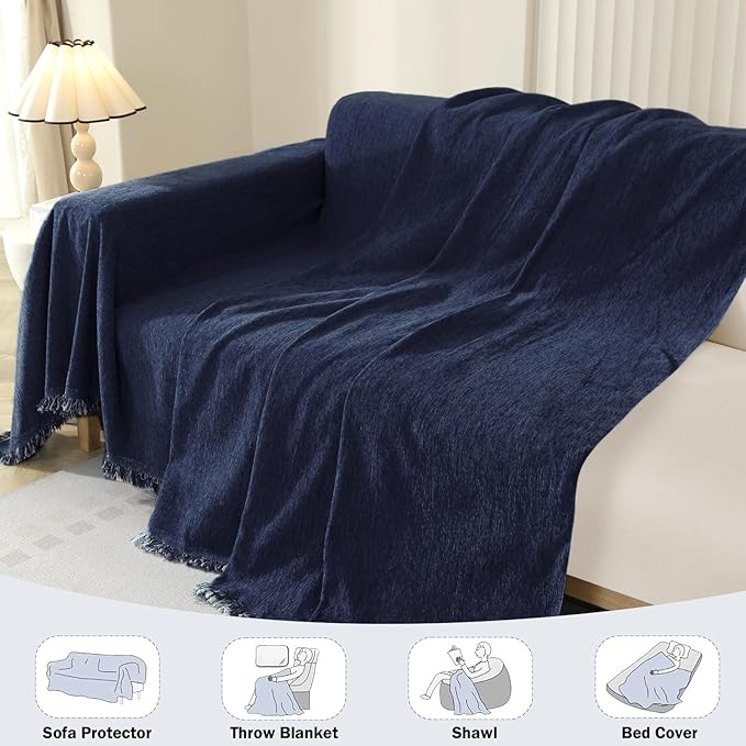 OstepDecor Sectional Couch Covers 2 Pieces, L Shaped Sofa Cover, Chenille Couch Cover for Dogs Washable, Couch Cover Blanket, Sofa Slipcover for 2-3 Cushion Couch (71"x118"+91"x134", Navy Blue)