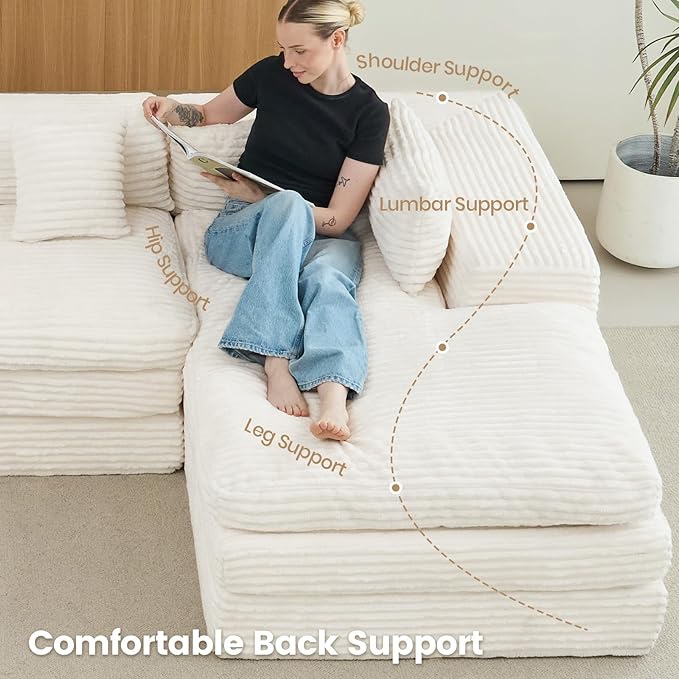 Belffin Double Chaise Lounge Sofa Bed Plush Corduroy Boneless Sectional Cloud Couches for Living Room Boneless Cloud Couch with Deep Seat No Assembly Required. Beige Sofa