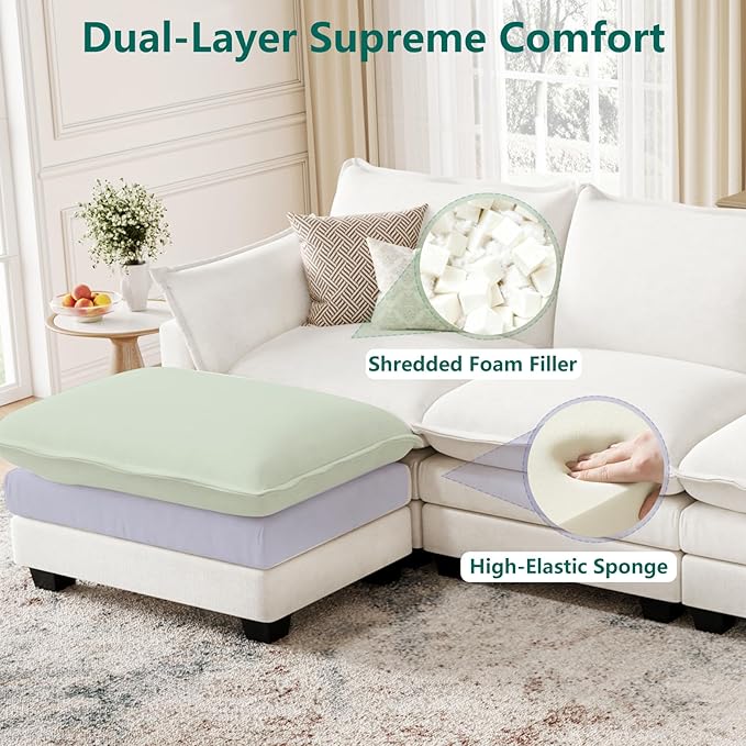 Modular Sectional U Shaped Sofa Couches for Living Room, Cloud Couch with Movable Ottoman, Comfy Chenille Sofa with Pillow for Bedroom and Apartment,Beige
