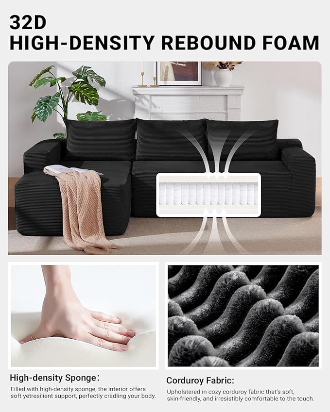 97" Cloud Sectional Couch,Modern Modular Sectional Sofa with Deep Seat,Corduroy Boneless Couches with L-Shape Chaise for Living Room Bedroom,No Assembly Required (Black, 97" Left Facing Chaise)