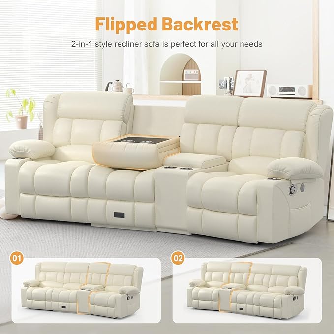 Recliner Sofa with Storage Console, Flip Middle Backrest Design PU Leather 3 Seat Reclining Sofa with Storage Drawer, Manual Couch for Living Room (Ivory, 3 Seater + Console)