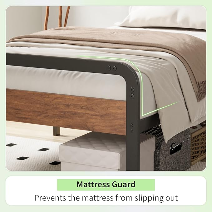 Richwanone Twin Bed Frames with Wood Headboard and Footboard,14 Inch Metal Platform Frame with Steel Slat Support, No Box Spring Needed, Easy Assembly, Black
