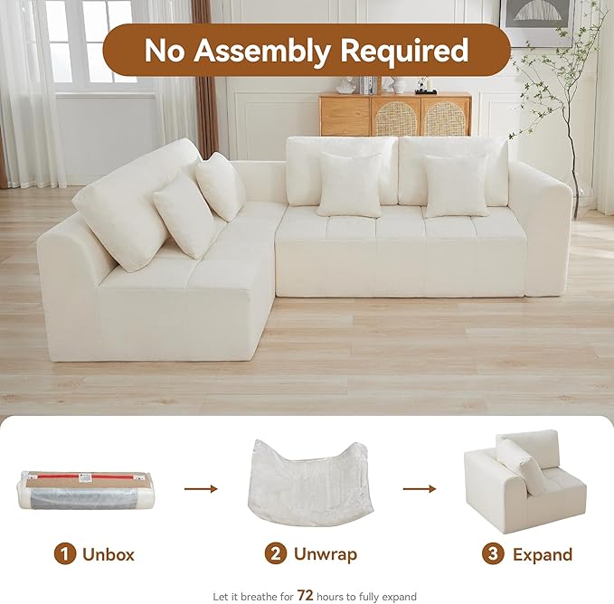 110''Modular Sectional Couches for Living Room, Cloud Boneless Compressed Sofa Left Facing Chaise, Oversized L Shaped 4 Seater Memory Foam Sofa, No Assembly, Chenille Beige
