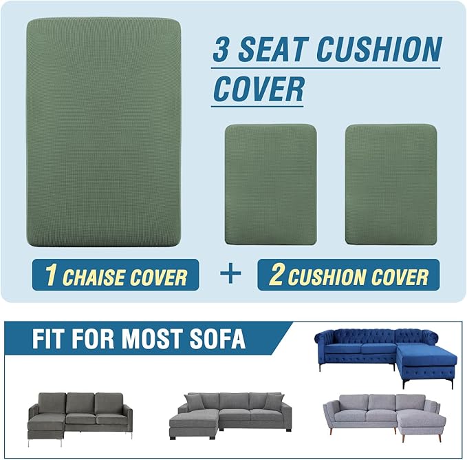 H.VERSAILTEX Sectional Couch Covers 3 Pieces Sofa Seat Cushion Covers L Shape Separate Cushion Couch Chaise Cover for Both Left/Right Sectional Couch (Seat Only: 1 Chaise + 2 Sofa, Loden Frost)