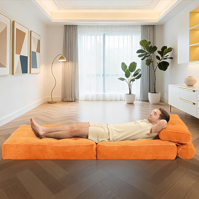 HABUTWAY Folding Sofa Bed, Convertible Sleeper Chair Bed w/Dual-Pillow & Handle, Foldable Floor Sofa Lounge w/Back Support for Living Room, Bedroom, Apartment, Office, Single, Orange