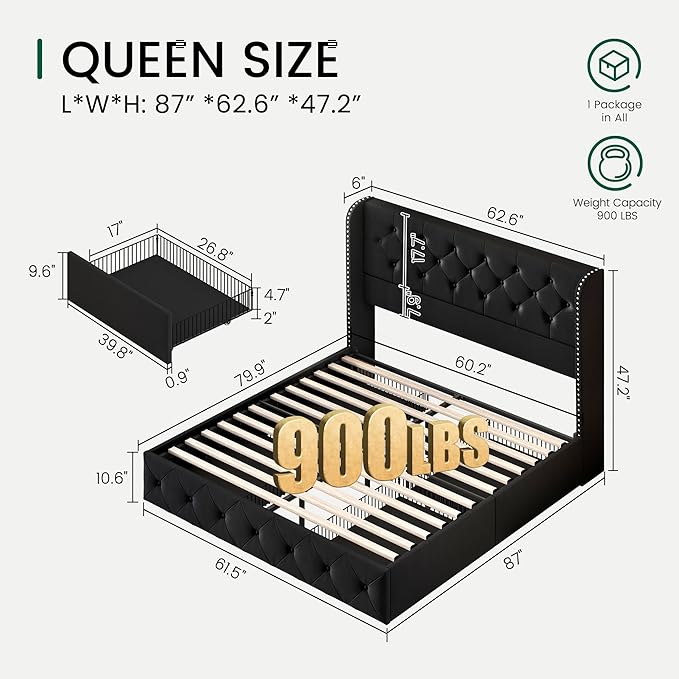 LARMACE Queen Size Bed Frame with 4 Storage Drawers and 47.2" Tall Wingback Headboard Upholstered Platform Beds Velvet Tufted Bed Frame with Wooden Slats Support, Easy Assembly, Black