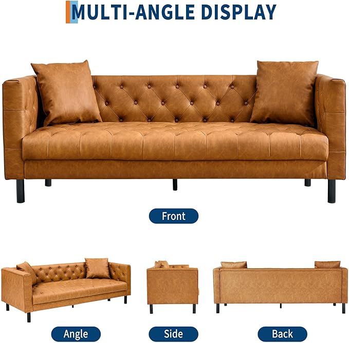 GarveeHome 81" Leather Couch for Living Room, Chesterfield Sofa with Deep Seat, Handmade Button Tufted 3 Seater Sofa, Modern Leather Sofa for Apartment, Office, Cognac Tan