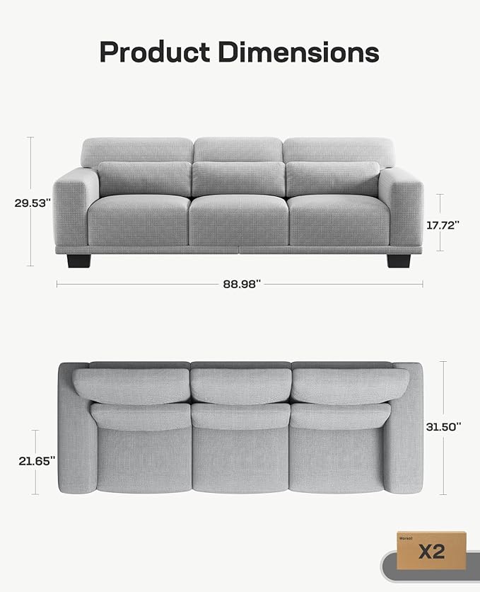 Marsail 89" Couch, 3-Seater Modern Sofa with Deep Seats, Comfy Upholstered Linen Sofas for Living Room, Apartment, Light Grey