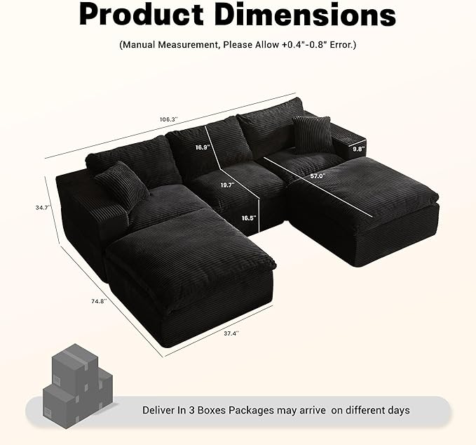 106.3” Sectional Couches for Living Room, Set of Cloud Couch, Modular Sectional Sofa, Convertible Sofas Bed, Deep Seat Sofa, U Shaped Cozy Sofa Furniture Set, Corduroy, Black