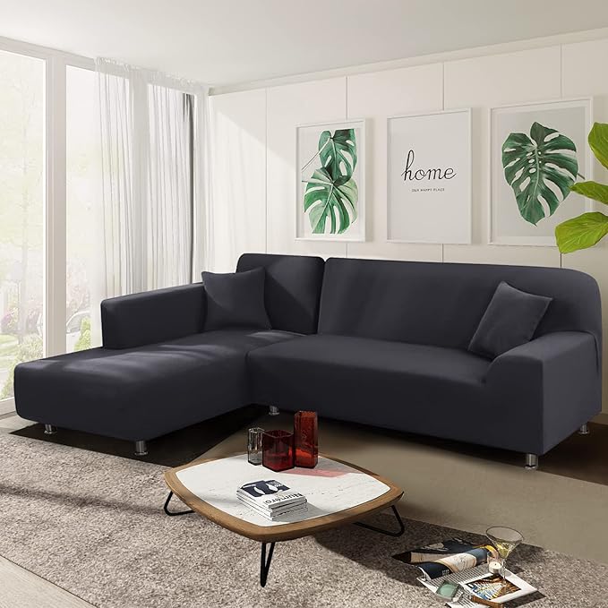 NAISI Couch Cover L Shape 2 Pieces Sofa Cover Soft Stretch Slipcovers with 2pcs Pillowcases Furniture Protector Sectional Couch Covers 3 Seater + 3 Seater(Dark Grey)