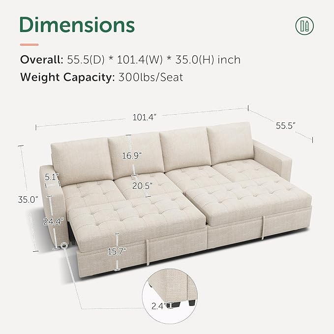 HONBAY Modular Sectional Sleeper Sofa with Pull Out Bed, Linen Convertible Sectional Couches for Living Room,Beige