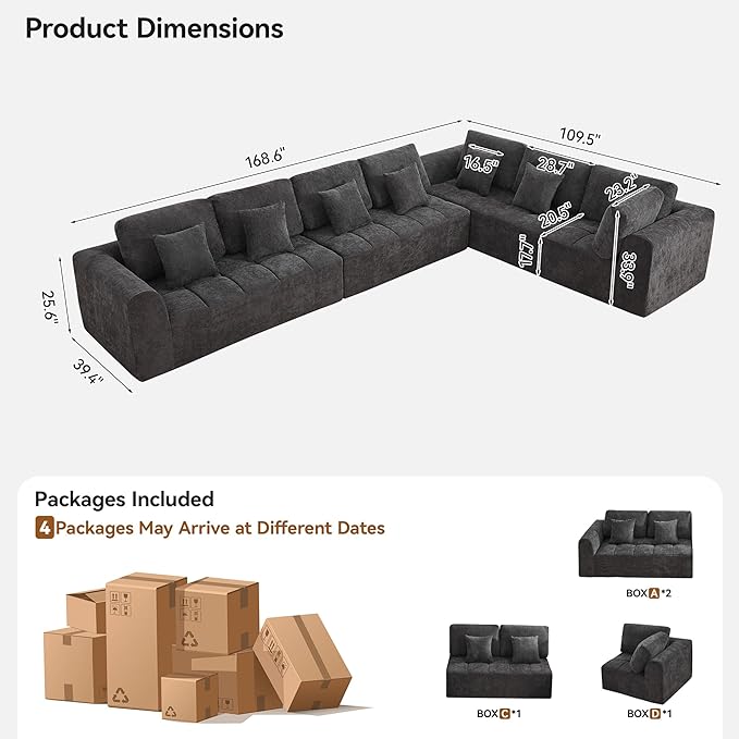 170''Modular Sectional Couches for Living Room, Cloud Boneless Compressed Sectional Sofa, Oversized L Shaped 7 Seater Upholstered Memory Foam Sofa, No Assembly, Chenille Grey