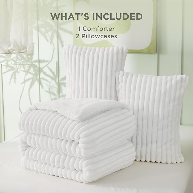 Bedsure King Comforter - GentleSoft™ 3 Pieces Double-Side Fleece Fluffy Bright White Comforter Set, Cozy Striped Room Decor Aesthetic, Luxury King Size Bedding with 2 Pillowcases, 104x90 Inches