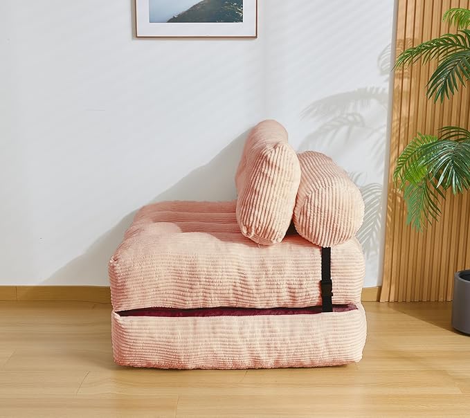Folding Sofa Bed, Convertible Sleeper Chair Couch Bed Faux Rabbit Fur for Adults, with Back Support Floor Couch Comfy Floor Sofa for Living Room Bedroom, Dusty Pink, Single
