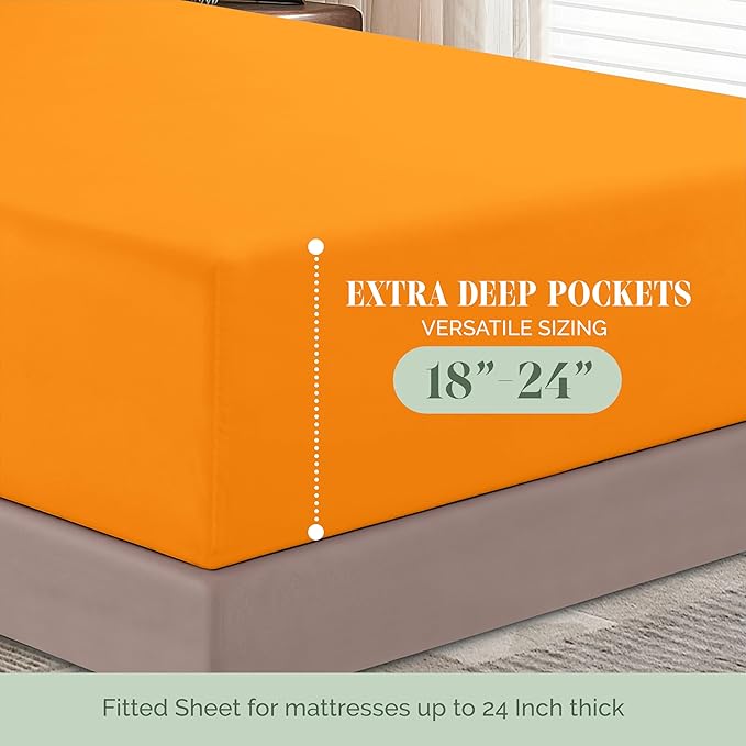 Elegant Comfort 1500 Premium Hotel Quality 18-24 Inches Deep - Extra Deep Pocket Single Fitted Sheet for High Mattress, Luxury and Softest, Smart Pocket - Wrinkle Free, King, Orange