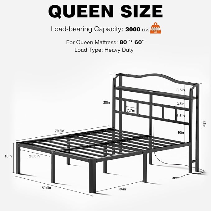 Queen Bed Frame with Headboard & Charging Station 18 Inch Tall Metal Bed Base Heavy Duty Mattress Foundation with Large Storage Space,Black Platform Bed Frames no Box Spring Needed(18 Inch, Queen)