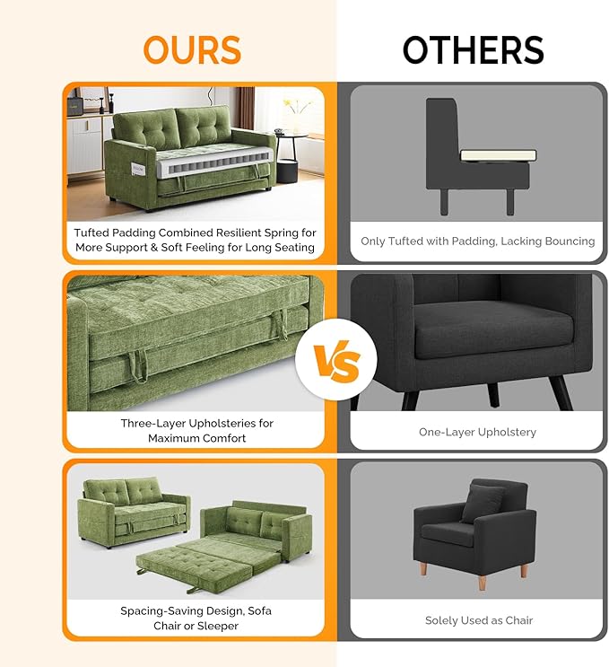 VINGLI Sofa Bed Full Size Pull Out Couch Bed Olive Green Futon Couch 64" W 84" L Loveseat Sleeper Floor Couches for Living Room Convertible Loveseat Sofa Foldable Sofa Bed
