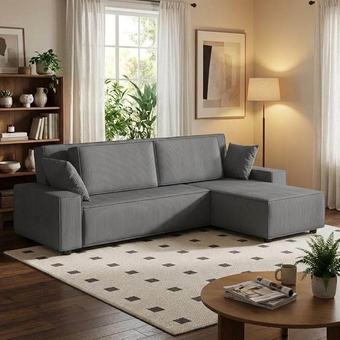 GAOMON Fine Stripe Corduroy Sectional Sofa, l Shaped Modern Corduroy Couch, Comfy Sofa Couch with Deep Chaise for Living Room, Apartment, Hotel, 96" w*61" d*32" h, Dark Grey
