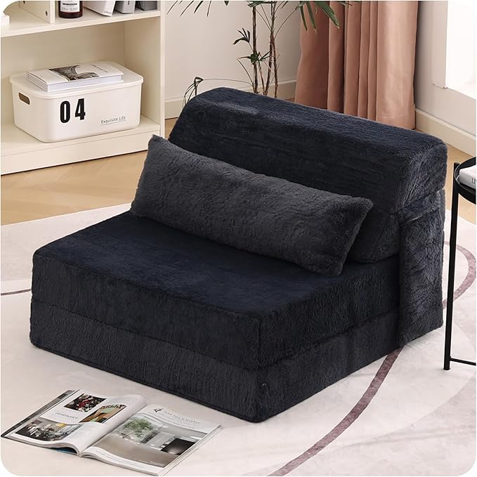 Tiita Convertible Folding Sofa Bed Single Size for Adults with Pillow, Plush Fabric Floor Mattress Couch Bed, Washable Cover & Side Pocket, Guest Room, Dorm, Apartment, Living Room, Navy