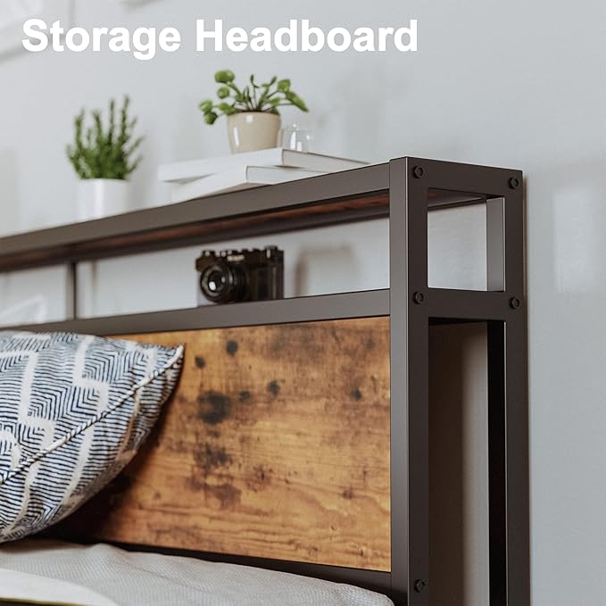 LIKIMIO King Size Bed Frame with 4 Storage Drawers, 2-Tier Storage Headboard with Charging Station, Double Bed Frame King Size for Bedroom, No Box Spring Needed, Easy Assembly, Vintage Brown