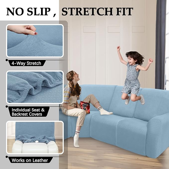 Waterproof Reclining Sectional Couch Covers Washable L Shaped Couch Cover for Sectionals Recliner Sofa Covers Stretch Corner Recliner Slipcovers for Dogs (5 Seater Cover, Light Blue)