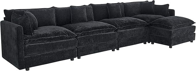 Setawix Deep 4 Seater Couch with Ottoman,147.22" L-Shaped Cloud Couches for Living Room,Chenille Cloud Sofa Couch with Deep Seat,Modular Sectional L Shape 4 Seat Sofa for Bedroom (Black, 4+1)