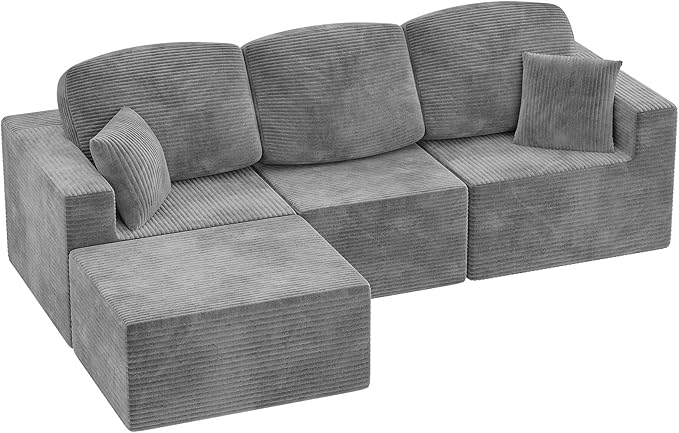 YESHOMY 98.4" Boneless Couches for Living Room, Comfy Modular Sectional Couch, Cloud Couch with Deep Seat, L-Shaped Sofa with Ottoman, Grey