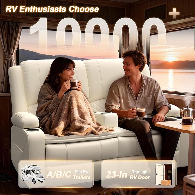 RV Loveseat Recliner Wall Hugger, Manual RV Reclining Loveseat with Removable Armrest, 3X Adjustable Theater Wall Hugger Loveseat Recliners with USB Ports, Cup Holders, Multi-Storage (PU,White)