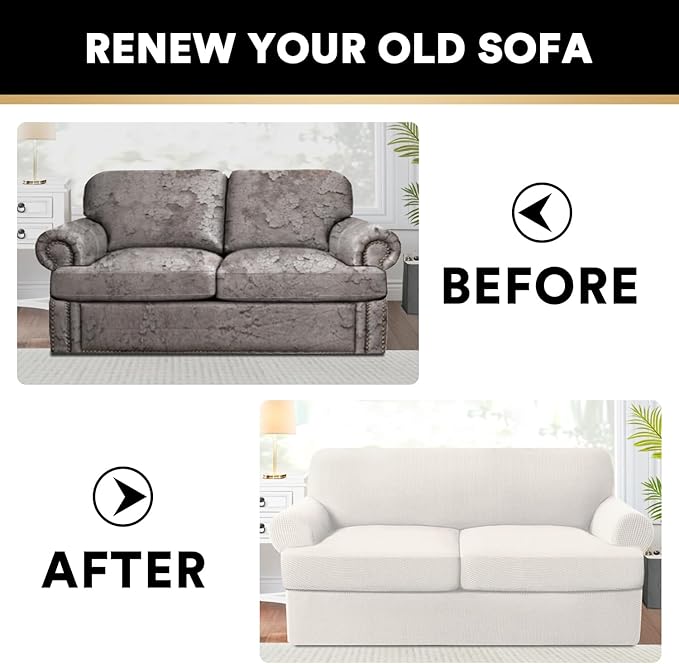 PrinceDeco T Cushion Loveseat Slipcover - 3 Pieces Sofa Cover for 2 Cushion Couch with 2 Individual T Shape Seat Covers Width Up to 76 Inch - Stretch, Machine Washable, Porcelain