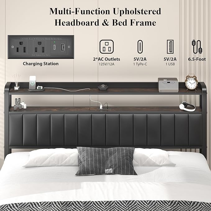 King Size Bed Frame with Star Projector & Charging Station, PU Leather Upholstered Platform with 2-Tier Storage Headboard & Storage Ottoman, Metal Support, Noise-Free, No Box Spring Needed, Black