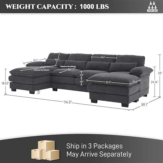 113" Cloud Couch Sectional Modular Sofa U Shaped Sectional Couches for Living Room Comfy 5-Seater Deep Seat Couch Chenille Cloud Sectional Sofa with Movable Ottoman & 4 Pillows, Dark Grey