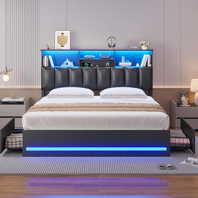 AOGLLATI Queen Bed Frame with Stylish Bookcase Headboard & Charging Station & LED Lights,Queen Size Bed Frame with 4 Drawers and Metal Slats, No Box Spring Needed,Black