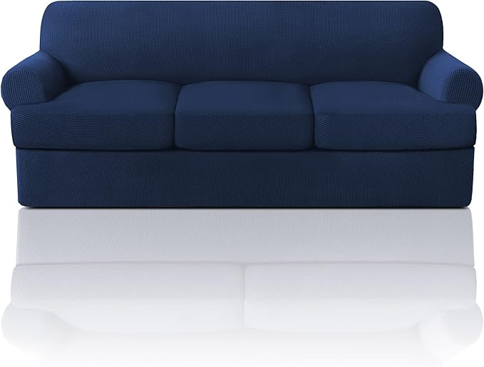 PrinceDeco T Cushion Sofa Slipcover 4 Pieces Sofa Covers for T Cushion Couch Soft Sofa Slip Covers Furniture Protector with 3 Individual T Shape Seat Covers Width Up to 88 Inch -Navy