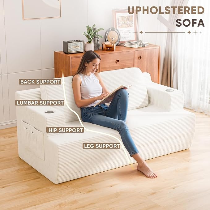 Homall 67” Cloud Couch Sofa 2 Seater Comfy Upholstered Loveseat Floor Sofa with High Density Memory Foam, No Assembly Required, Boneless Couch for Bedroom Living Room (White, Loveseat)