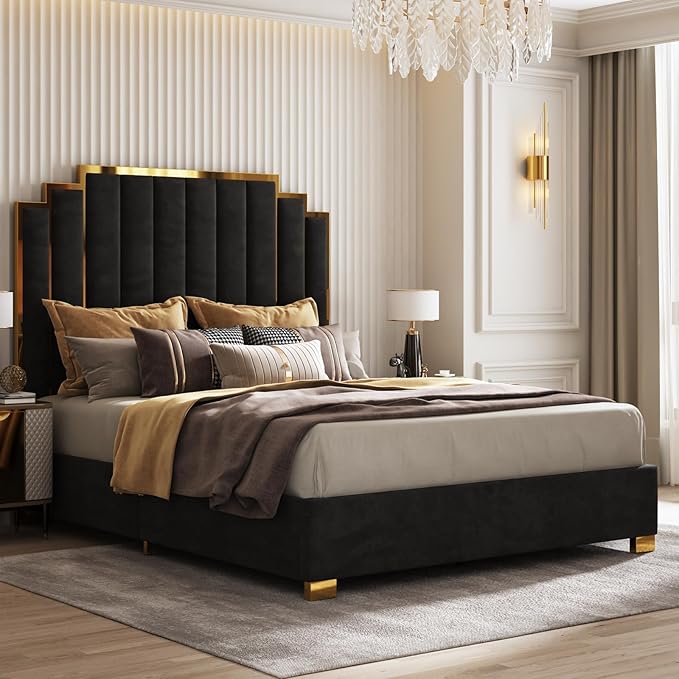AMERLIFE California King Size Upholstered Bed, Modern Velvet Bed Frame with 65.4” Tall Gold Trim Headboard, No Box Spring Needed, Black