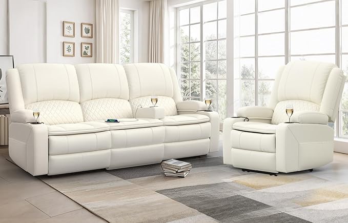 3+1 Manual Recliner Sofa, Maximum Load Capacity 1800lbs & Ergonomics Design, Multi-Functional Middle Seat & Home Theater Seating with Removable Armrest and Storage for RV Living Room(PU,White)