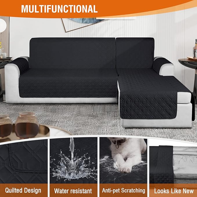 VANSOFY Sectional Couch Covers 100% Waterproof L Shaped Sofa Slipcover 3pcs Reversible Chaise Lounge Cover for Sectional Sofa Furniture Protector Cover for Pets Cat Dog(Small, Blcak)