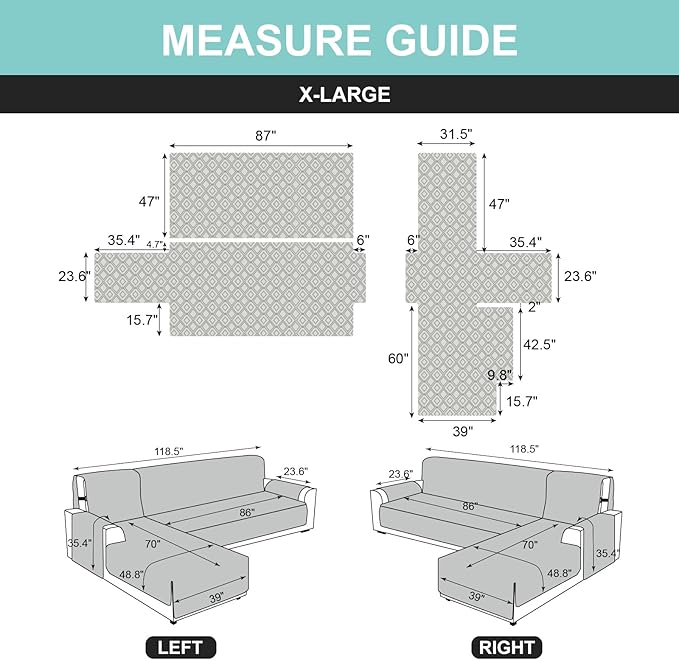 Genina Sectional Couch Covers for Dogs L Shaped Sofa Covers Chaise Lounge Cover Reversible Sofa Cover Sectional Furniture Protector for Pets, Kids (Beige, X-Large)