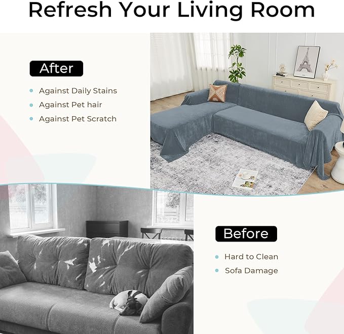 Sectional Couch Covers, 2 Pieces Chenille Sofa Cover L Shaped Couch Cover Blanket for Dogs Washable Sofa Slipcovers Pet Furniture Protector (XX-Large: 71" x 118" + 71" x 118", Blue)