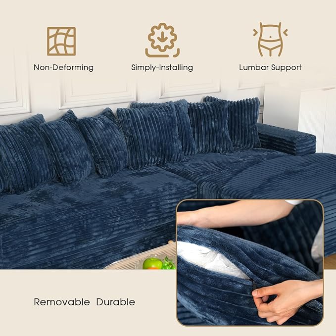 smilesun Luxe Oversized L Shaped Sofa with Chaise，Comfy Faux Fur Plush L Shaped Sectional Couches with 8 Pillows，Soft Fluffy Upholstered Sofa Bed for Living Room Apartment Bedroom (Navy Blue)