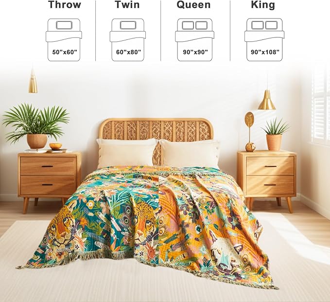 LUTBM Throw Blanket for Couch Sofa Soft Cotton Spring Blankets for Bedroom Living Room All Season Reversible Leopard Embroidery Reversible Breathable Throws Whimsical Home Decor 50"x60"